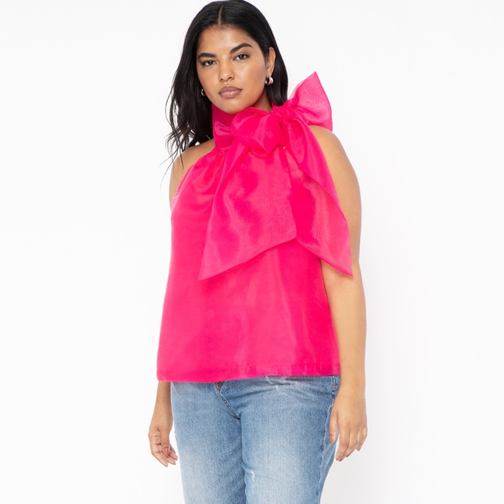 Eloquii Sleeveless Bow Blouse in Hot Pink